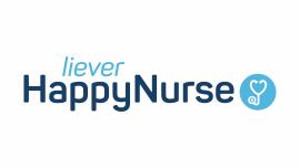 Logo van HappyNurse Uitzendbureau met een blauwe achtergrond en een stethoscoop als icoon.