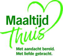 Logo van Maaltijd Thuis met groene tekst en hartvormige lijn, begeleid door de slogan Met aandacht bereid. Met liefde gebr...