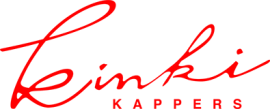Rood Kinki Kappers-logo met schuine tekst en gestileerde penseelstreek.