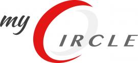 Logo van myCircle Club met zwarte en rode letters en een gestileerde cirkel.
