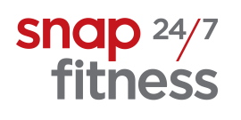 Snap Fitness logo met rode en grijze tekst snap fitness 24/7.