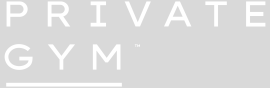 Het logo van Private Gym op een grijze achtergrond met grote witte letters.