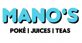 Mano's logo met blauwe en zwarte tekst, vermeldt poké, juices en teas.