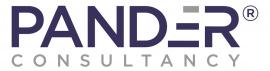 PANDER Consultancy-logo met paarse en grijze letters en geregistreerd handelsmerksymbool.