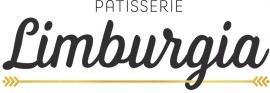 Logo van Patisserie Limburgia met sierlijk zwart-witte letters en een goudkleurige pijl onderaan.