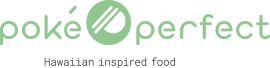 Poké Perfect logo met slogan Hawaiian inspired food in een groene kleur op een transparante achtergrond.