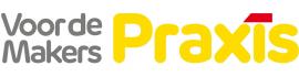 Logo van Praxis met de slogan Voor de Makers in grijze en gele letters met een rode accent op de i.