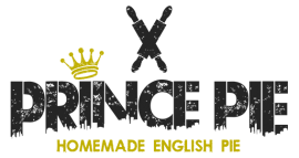 Wit logo met gouden kroon en tekst Prince Pie op een doorzichtige achtergrond.