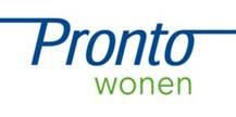 Logo van Pronto Wonen met blauwe en groene letters tegen een witte achtergrond.