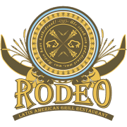 Logo van Rodeo Latin American Grill Restaurant met hoorns en decoratieve elementen.