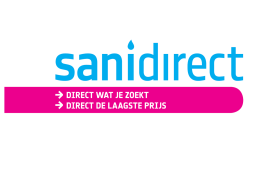 Sanidirect-logo in blauw met de slogan Direct wat je zoekt, direct de laagste prijs op een roze balk.