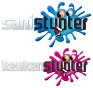 Logo's van Sanistunter en Keukenstunter met kleurrijke spatten en lachende gezichten.