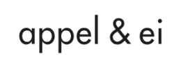 Zwart-wit logo met de tekst appel & ei in moderne typografie.