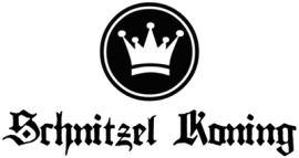 Logo van De Schnitzel Koning met een kroon in een zwart-wit cirkel en gotische letters.