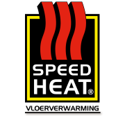 Logo van Speedheat vloerverwarming met rode warmtegolven op een zwarte achtergrond.