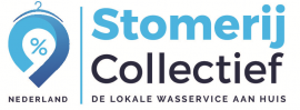 Logo van Stomerij Collectief met slogan De lokale wasservice aan huis en een grafisch percentteken.