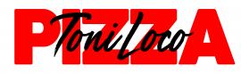 Het logo van Toni Loco met grote rode letters die het woord PIZZA vormen, met Toni Loco in zwart eroverheen.