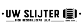 Het logo van Uw Slijter met zwarte tekst en een afbeelding van een glas wijn op een transparante achtergrond.
