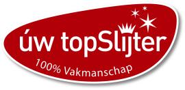 Rood logo van úw topSlijter met tekst 100% Vakmanschap en decoratieve sterren en kroon.