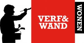 Silhouet van een schilder die een muur verft naast een rood vlak met de tekst Verf & Wand en Wonen.