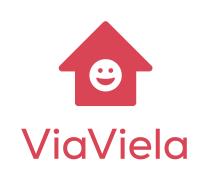 Rood huispictogram met een glimlachend gezicht in het midden, onder de tekst ViaViela in rode letters.