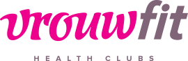 Logo van Vrouwfit Health Clubs met roze en grijze letters.