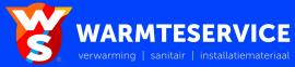 Warmteservice logo met driehoekig embleem en tekst verwarmings-, sanitair- en installatiemateriaal op blauwe achtergrond.