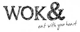Het logo van WOK& met het bijschrift eat with your heart in een handgeschreven stijl.