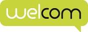 Groen logo van Welcom met naam in witte en zwarte letters in een spraakballon vorm.