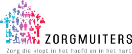 Logo van Zorgmuiters met mensen in een huisvorm en de tekst Zorg die klopt in het hoofd en in het hart.