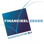 Logo van Financieel Zeker met een blauwe achtergrond en tekst Aangesloten bij onderaan.