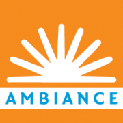 Logo van Ambiance Zonwering met een oranje achtergrond en blauwe tekst onder een wit zonmotief.