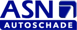 Logo van ASN Autoschade Nederland met blauwe tekst en een vierkant embleem.