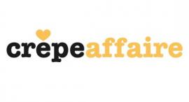 Logo van Crêpeaffaire met zwarte en gele letters en een geel hart boven de letter r.