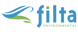 Logo van Filta Environmental met blauw-groene golvende lijnen naast de bedrijfsnaam.