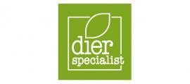Groen logo van Dierspecialist met een witte letter en een gestileerd bladmotief.