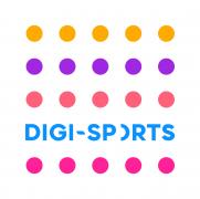 Logo van Digi-Sports met gekleurde stippenpatroon in oranje, paars en roze boven de blauwe tekst.