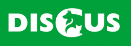 Wit Discus-logo met een silhouet van een hond en kat in de letter C op een groene achtergrond.