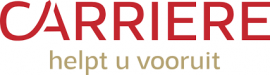 Logo van Carrière Uitzendbureau met de slogan helpt u vooruit in rood en goud.