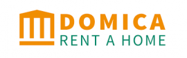Domica-logo met oranje tekst en pictogram van een huis en groene slogan Rent a Home.