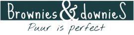 Logo van Brownies&downieS met de tekst Puur is perfect in witte letters tegen een donkere achtergrond.