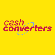 Cash Converters logo met rode letters en blauwe pijl op een gele achtergrond.