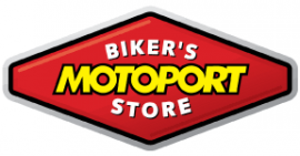 Rood ruitvormig logo met de tekst Biker's MotoPort Store in gele en witte letters.