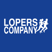 Lopers Company logo met witte tekst en afbeeldingen van rennende figuren op een blauwe achtergrond.
