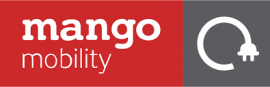 Logo van Mango Mobility met witte tekst op rode achtergrond en een gestileerd stekkersymbool op grijze achtergrond.