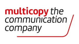 Logo van Multicopy The Communication Company met rode en zwarte tekst en een rode onderstreping.