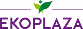 Ekoplaza-logo met paarse tekst en groene blad- en bolvorm boven de letters.