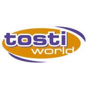 Tosti World-logo met paarse en oranje letters in een ovaal ontwerp.
