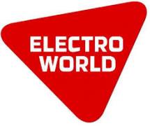 Rood driehoekig logo met witte tekst Electro World, gericht op elektronica en huishoudelijke apparaten.