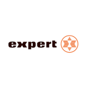 Expert-logo met zwarte tekst en oranje stervormig symbool rechts.